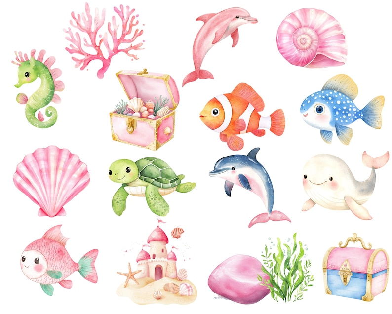 Puede incluir: Ilustraci&oacute;n de acuarela de una variedad de criaturas marinas, incluyendo un delf&iacute;n rosa, un caballito de mar, una tortuga, una ballena, un pez y una concha. Tambi&eacute;n hay im&aacute;genes de un coral rosa, un cofre del tesoro rosa, un castillo rosa y una concha rosa.