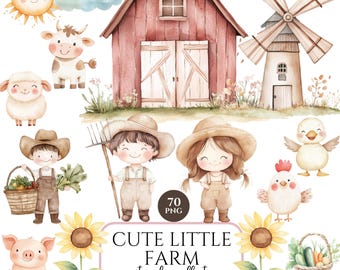 Cute Farm Clipart, Watercolor Barn Animals, Cottage Life PNG, Cute Pig Clipart, Farm Animals, Commercial Use
