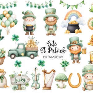Op de afbeelding: Waterverfillustraties van St. Patrick's Day-elementen. Inclusief kabouters, potten met goud, regenbogen, klavers, een vrachtwagen, ballonnen, een cupcake, een hoefijzer, een harp, een viool en de tekst "Cute St. Patrick".