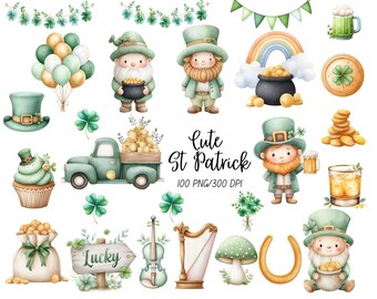 St. Patrick's Day Clipart, Watercolor, Cute Leprechaun, Saint Patrick's Png, Gnome, Shamrocks, Rainbow, Pot of gold, Commercial Use