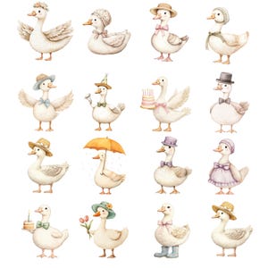 May include: Watercolor illustration of sixteen white geese, each adorned with various accessories. Some wear hats, bonnets, or bows. One goose holds a cake, another an umbrella, and another a bouquet of flowers. The geese are depicted in a whimsical, storybook style.