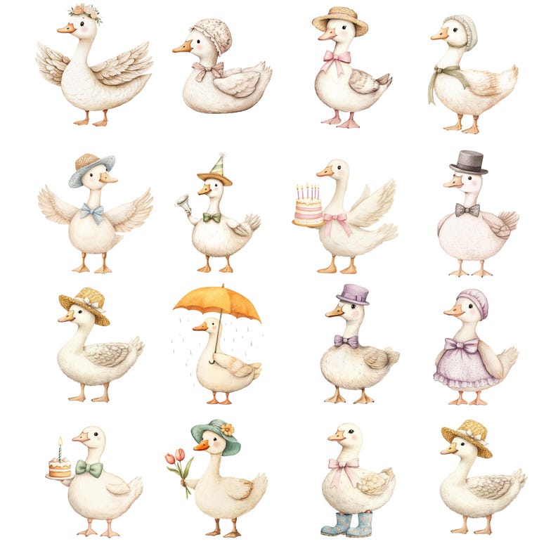 May include: Watercolor illustration of sixteen white geese, each adorned with various accessories. Some wear hats, bonnets, or bows. One goose holds a cake, another an umbrella, and another a bouquet of flowers. The geese are depicted in a whimsical, storybook style.