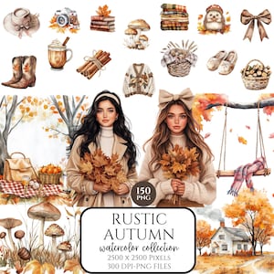 Watercolor Fall Clipart Bundle, Cozy Autumn PNG, Pumpkin & Fall Leaves Clipart, Rustic Autumn Aesthetic, Commercial Use