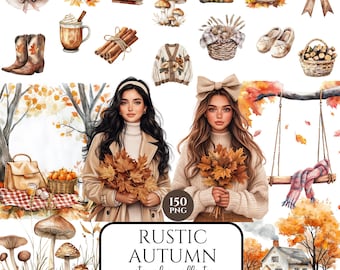 Paquete de imágenes prediseñadas de otoño en acuarela, otoño acogedor PNG, imágenes prediseñadas de calabaza y hojas de otoño, estética rústica otoñal, uso comercial