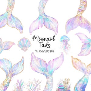 Mermaid Tail Clipart, Watercolor Pastel Under The Sea Clip Art, Mermaid Bridal Shower Clipart, Ocean Commercial Use PNG, Digital Download