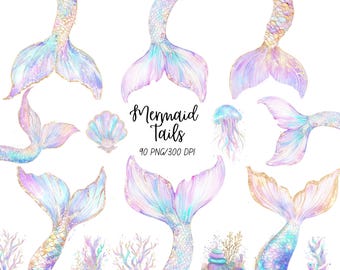 Mermaid Tail Clipart, Watercolor Pastel Under The Sea Clip Art, Mermaid Bridal Shower Clipart, Ocean Commercial Use PNG, Digital Download