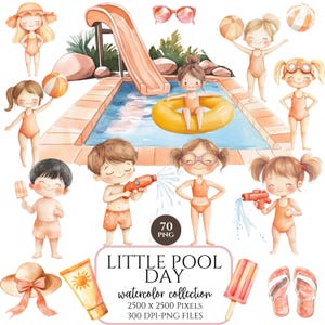 Clipart de fiesta en la piscina, PNG de diversión de verano, niños adorables, helados, flotadores, accesorios de playa, invitación a fiesta, uso comercial