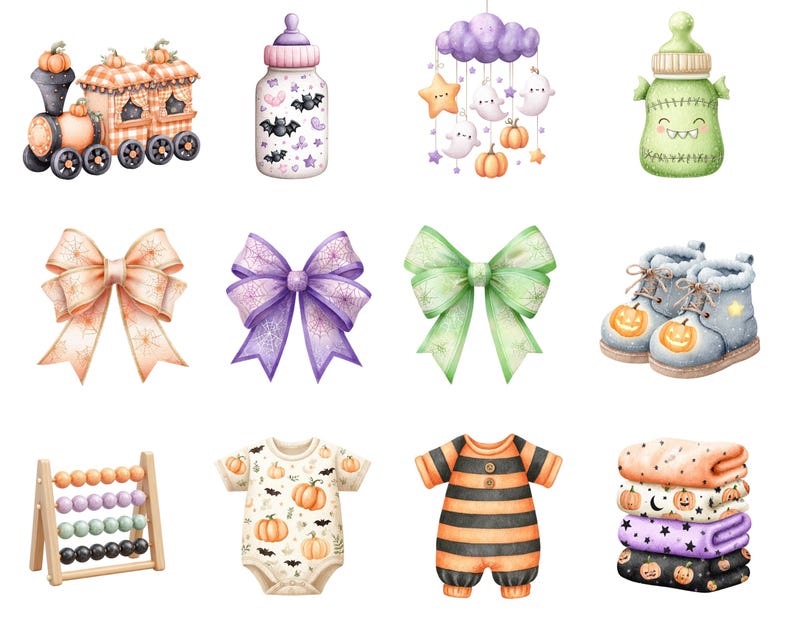 Halloween Baby Shower Clipart Watercolor Little Boo Set Digital Download, Monster Baby Shower Clipart, Cute Boo Illustration image 5