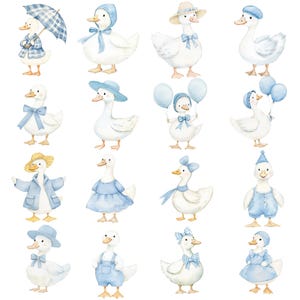 Op de afbeelding: Waterverfillustratie van zestien witte ganzen, elk versierd met blauwe accessoires. Sommige ganzen dragen hoeden, strikken of houden ballonnen vast. E&eacute;n gans draagt een paraplu. Het thema is grillig en charmant.