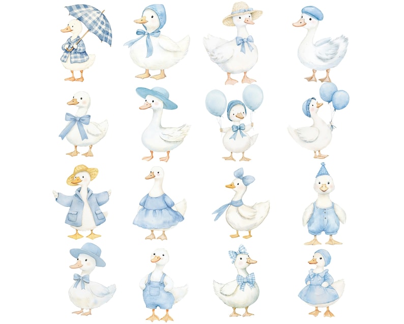 Op de afbeelding: Waterverfillustratie van zestien witte ganzen, elk versierd met blauwe accessoires. Sommige ganzen dragen hoeden, strikken of houden ballonnen vast. E&eacute;n gans draagt een paraplu. Het thema is grillig en charmant.