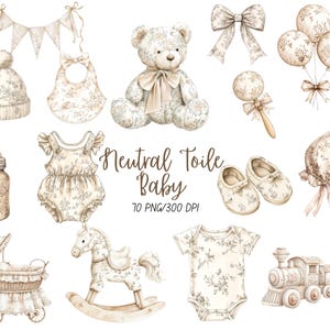 Neutral Toile Barnkammar Clipart, Könsneutral Chinoiserie Baby Shower Clip Art, Beige Akvarell Leksaker, Vintage Franska Blommor DIGITAL PNG