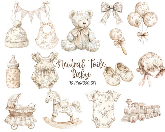 Neutral Toile Nursery Clipart, Gender Neutral Chinoiserie Baby Shower Clip Art, Beige Watercolor Toys, Vintage French Florals DIGITAL PNG