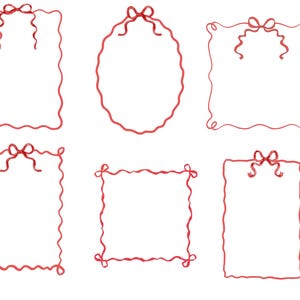 May include: A collection of six red ribbon frames in various shapes: rectangular, oval, and square. Each frame features a bow at the top and a wavy border, perfect for invitations, cards, or decorative elements. The frames are set against a white background.