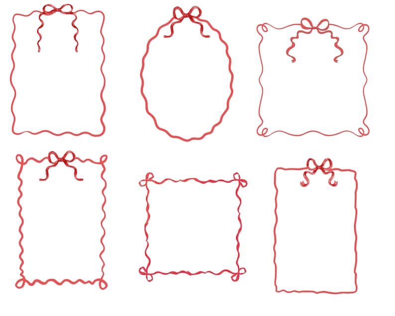 May include: A collection of six red ribbon frames in various shapes: rectangular, oval, and square. Each frame features a bow at the top and a wavy border, perfect for invitations, cards, or decorative elements. The frames are set against a white background.