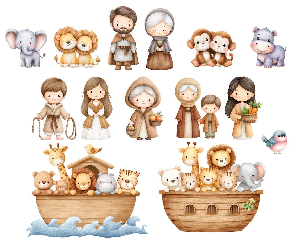 Cute Noah's Ark Watercolor Clip Art, Nursery Decor, Bibble Clipart ...