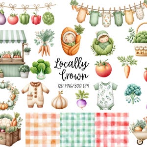 May include: Watercolor illustrations of vegetables, baby clothes, and a baby in a carrot swaddle. A farmer's market stand, a wreath, and a wheelbarrow are also depicted. The text "Locally Grown" is included.