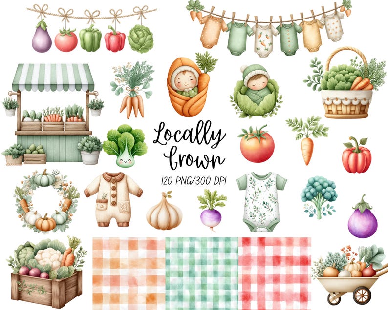 May include: Watercolor illustrations of vegetables, baby clothes, and a baby in a carrot swaddle. A farmer's market stand, a wreath, and a wheelbarrow are also depicted. The text "Locally Grown" is included.