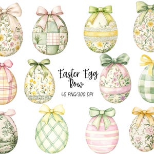 Könnte beinhalten: Aquarellillustrationen von Ostereiern mit Schleifen in verschiedenen Pastellfarben. Die Eier weisen florale Muster, Karos und Patchwork-Designs auf. Der Text "Easter Egg Bow" ist im Bild zu sehen.