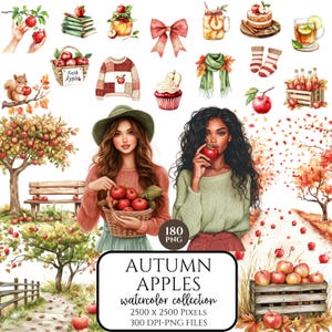 Aquarell Herbst Äpfel Clipart, Herbst PNG, gemütliche Herbst Bauernhof Illustrationen, rote Scheune, Mädchen, Torte, Korb, Kürbisse, Cottagecore, Digital