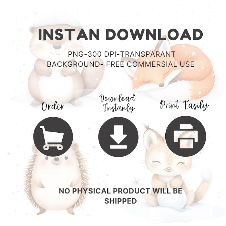 Może przedstawiać: Grafika do pobrania cyfrowego z ilustracjami zwierząt leśnych, w tym lisa, wydry, jeża i lisa. Tekst brzmi "INSTANT DOWNLOAD" i "NO PHYSICAL PRODUCT WILL BE SHIPPED."