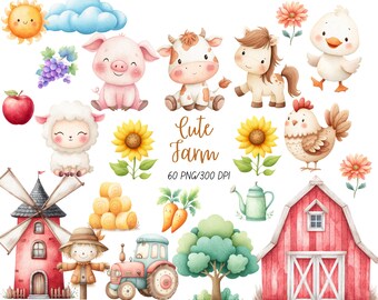 Cute Farm Animals Clipart, Baby Farm Watercolor PNG, Farm Nursery Animal Set, Farmhouse Baby Animal Clip Art, Country Animals