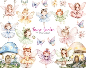 Watercolor magical garden pink fairies clipart Bundle, Nature Cute magical forest fairy first birthday clipart,Fairytale fantasy fairy house