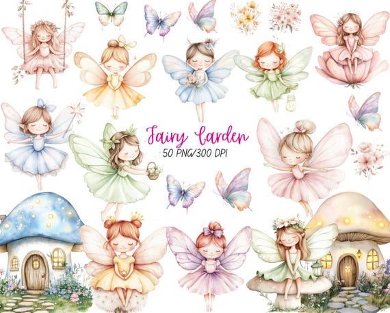 Watercolor magical garden pink fairies clipart Bundle, Nature Cute magical forest fairy first birthday clipart,Fairytale fantasy fairy house