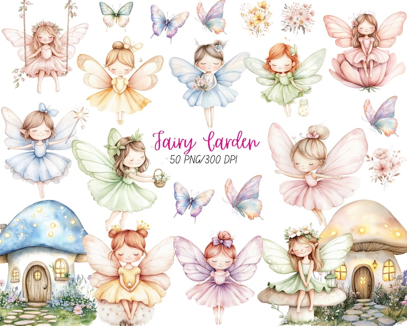 Watercolor magical garden pink fairies clipart Bundle, Nature Cute magical forest fairy first birthday clipart,Fairytale fantasy fairy house
