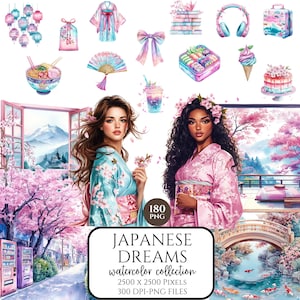 Aquarelle été japonais Clipart, PNG de fleurs de cerisier, fille kimono, voyage esthétique, Clipart floral, rose d'été, usage Commercial