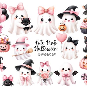 Könnte beinhalten: Eine digitale Sammlung von Halloween-Illustrationen mit weißen Geistern mit rosa Schleifen, schwarzen Katzen, rosa Kürbissen, Hexenhüten, Fledermäusen und Luftballons. Der Text lautet Cute Pink Halloween 110 PNG/300 DPI. Diese Grafiken enthalten verschiedene festliche Elemente.