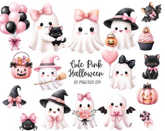 Pink Ghost Clipart Bundle, Cute Halloween PNG, Watercolor Spooky Characters, Kids Halloween Graphics, Commercial Use