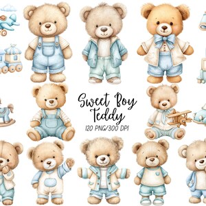May include: A collection of watercolour illustrations featuring teddy bears in various outfits, alongside toy illustrations. The bears are in shades of brown and tan, dressed in blue overalls, jackets, and shorts. Toys include a plane, train, car, and building blocks.