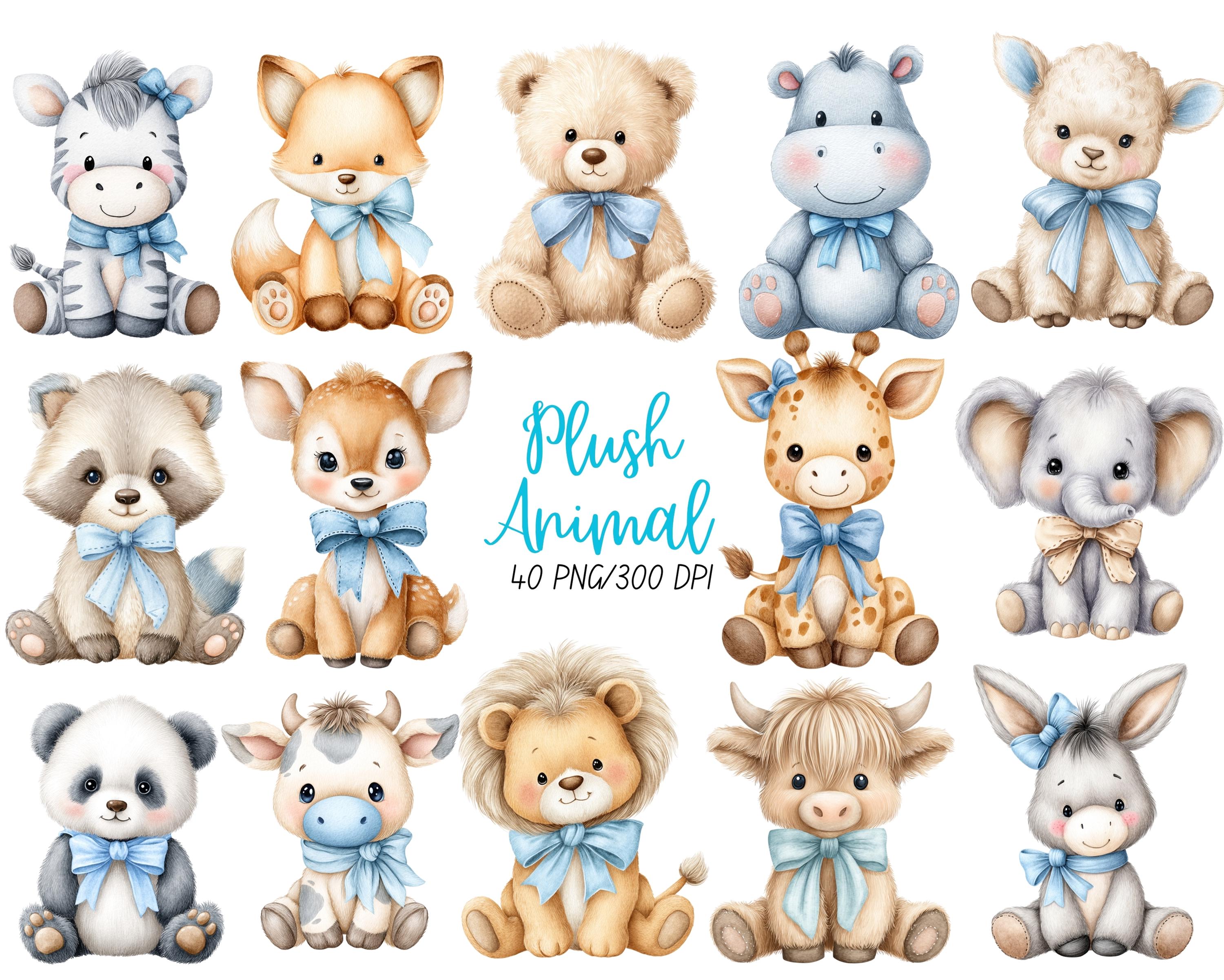 Watercolor Blue Vintage Plush Animals Clipart Bundle, Nursery Animal ...