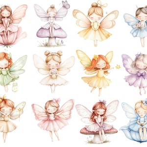 May include: Watercolor illustrations of fairies with delicate wings and dresses in various pastel colors. Each fairy has a unique hairstyle and pose, some holding flowers or stars. The fairies are set against a white background.