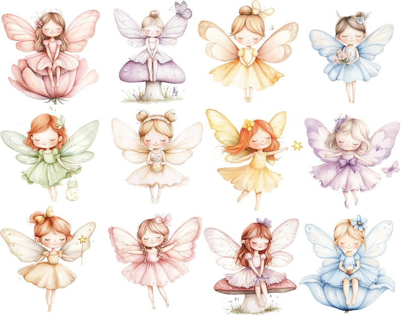 May include: Watercolor illustrations of fairies with delicate wings and dresses in various pastel colors. Each fairy has a unique hairstyle and pose, some holding flowers or stars. The fairies are set against a white background.