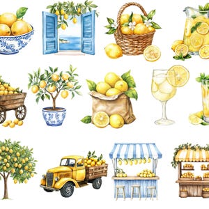 May include: Watercolor illustrations of lemons and lemon-themed items. Includes a bowl of lemons, a window with lemons, a basket of lemons, a pitcher of lemonade, a cart of lemons, a lemon tree, a paper bag of lemons, a glass of lemonade, a yellow truck filled with lemons, and two market stalls.