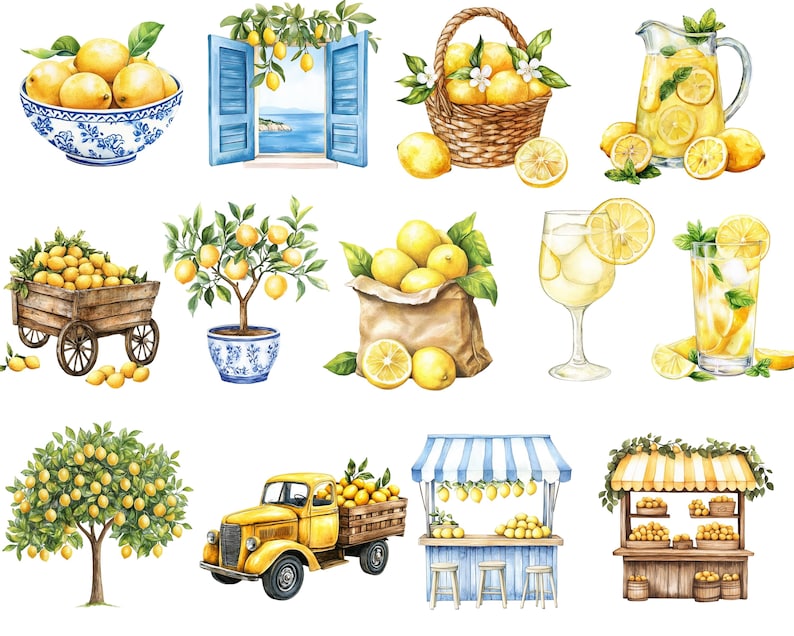 May include: Watercolor illustrations of lemons and lemon-themed items. Includes a bowl of lemons, a window with lemons, a basket of lemons, a pitcher of lemonade, a cart of lemons, a lemon tree, a paper bag of lemons, a glass of lemonade, a yellow truck filled with lemons, and two market stalls.