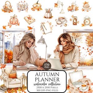 Clipart di un planner autunnale accogliente con acquerello, PNG di un planner autunnale Boho, Clip art di una ragazza planner, Adesivi digitali, Uso commerciale