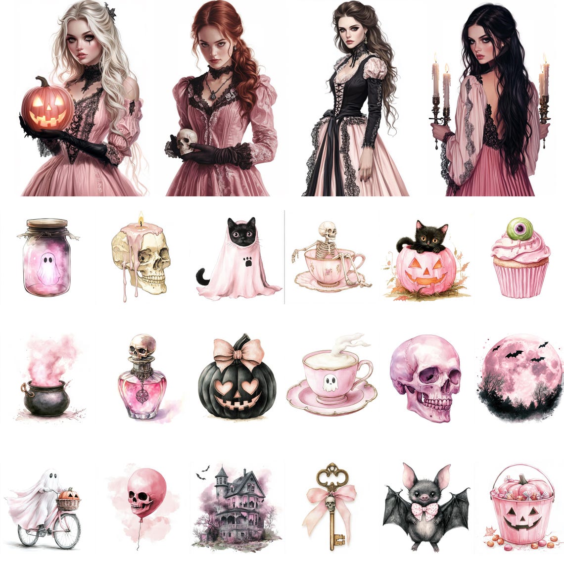 Watercolor Pink Halloween Clipart, Pastel Spooky PNG, Soft Feminine ...