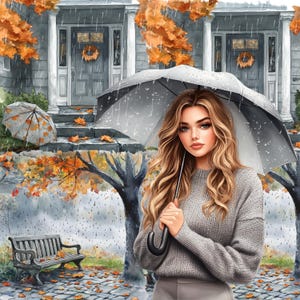 May include: A woman with long blonde hair holds a gray umbrella in the rain. She wears a gray sweater and stands in front of a house with fall foliage. A bench and another umbrella are also visible.