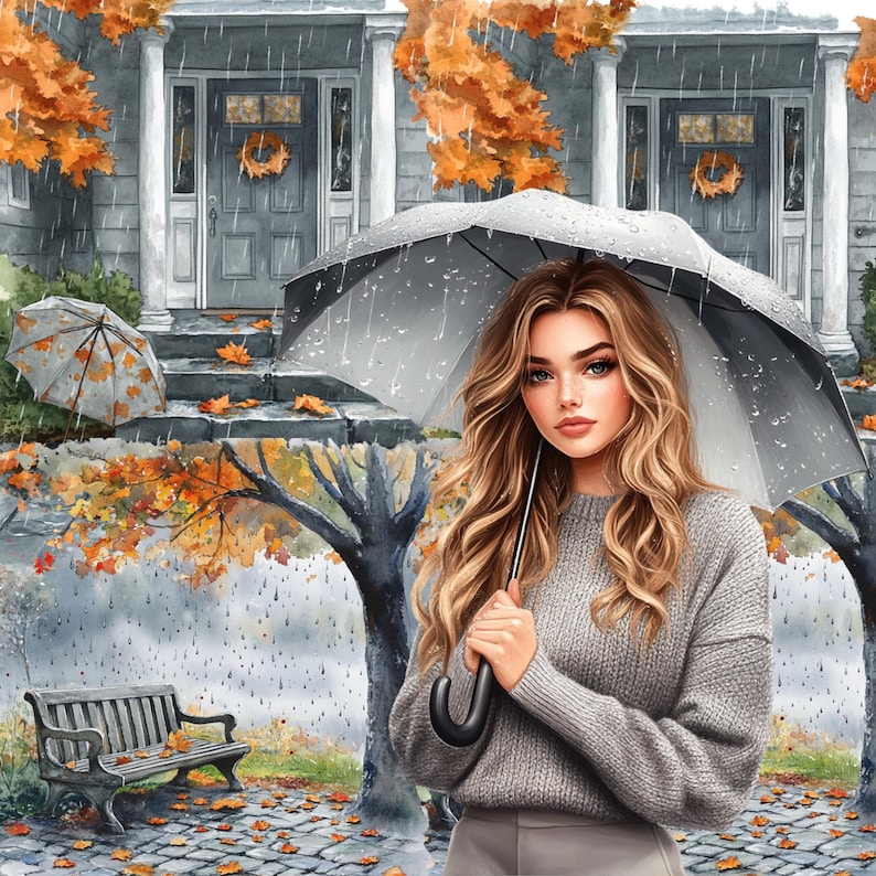 May include: A woman with long blonde hair holds a gray umbrella in the rain. She wears a gray sweater and stands in front of a house with fall foliage. A bench and another umbrella are also visible.