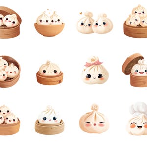 May include: A collection of cartoon illustrations of dumplings with smiling faces. The dumplings are in bamboo steamers and wooden bowls. Some dumplings have a pink bow or chef's hat. The dumplings are white with pink cheeks.