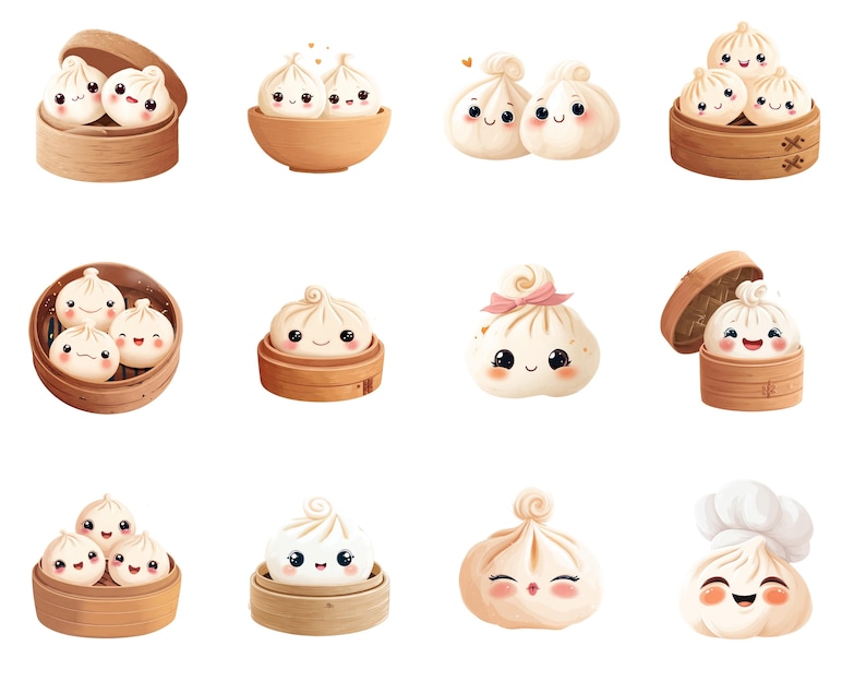 May include: A collection of cartoon illustrations of dumplings with smiling faces. The dumplings are in bamboo steamers and wooden bowls. Some dumplings have a pink bow or chef's hat. The dumplings are white with pink cheeks.