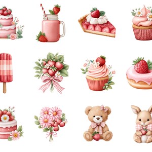 May include: Watercolor illustrations of various strawberry-themed treats and items. Includes a layered cake, a smoothie in a mason jar, a slice of pie, cupcakes, a popsicle, a bouquet of strawberries, a donut, a teddy bear, and a bunny.