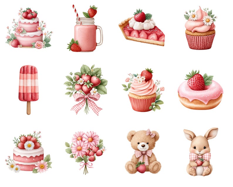 May include: Watercolor illustrations of various strawberry-themed treats and items. Includes a layered cake, a smoothie in a mason jar, a slice of pie, cupcakes, a popsicle, a bouquet of strawberries, a donut, a teddy bear, and a bunny.