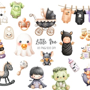 May include: A collection of Halloween-themed baby illustrations including a mobile, onesies, a stroller, a pacifier, a ghost, a swaddled infant, socks, blocks, a rocking horse, a rattle, a vampire, a Frankenstein monster, a bottle, and a cauldron.