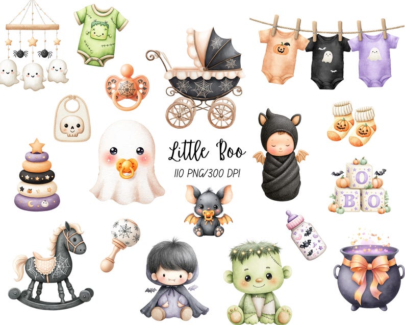 May include: A collection of Halloween-themed baby illustrations including a mobile, onesies, a stroller, a pacifier, a ghost, a swaddled infant, socks, blocks, a rocking horse, a rattle, a vampire, a Frankenstein monster, a bottle, and a cauldron.