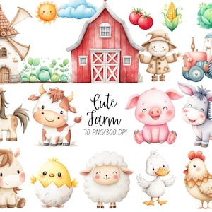 Puede incluir: Ilustración en acuarela de una escena de granja con un granero rojo, un molino de viento y varios animales de granja. Incluye un tractor, un espantapájaros y el texto "Cute Farm". La imagen presenta un sol sonriente, nubes y verduras.