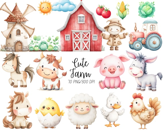 Cute Farm Clipart, Farm Animals Watercolor Digital Clipart, Farm Animals