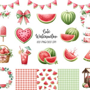 May include: Watercolor illustrations of watermelons and watermelon-themed items. Includes watermelon slices, whole watermelons, a heart-shaped watermelon, a watermelon popsicle, a basket of watermelon slices, and a watermelon cake. The text "Cute Watermelon" is also present.